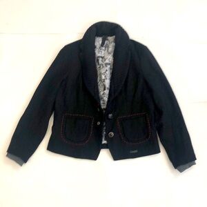 Desigual 44 Jacket Black Colour Buttons Red Stitch Pockets Embroidered Excellent